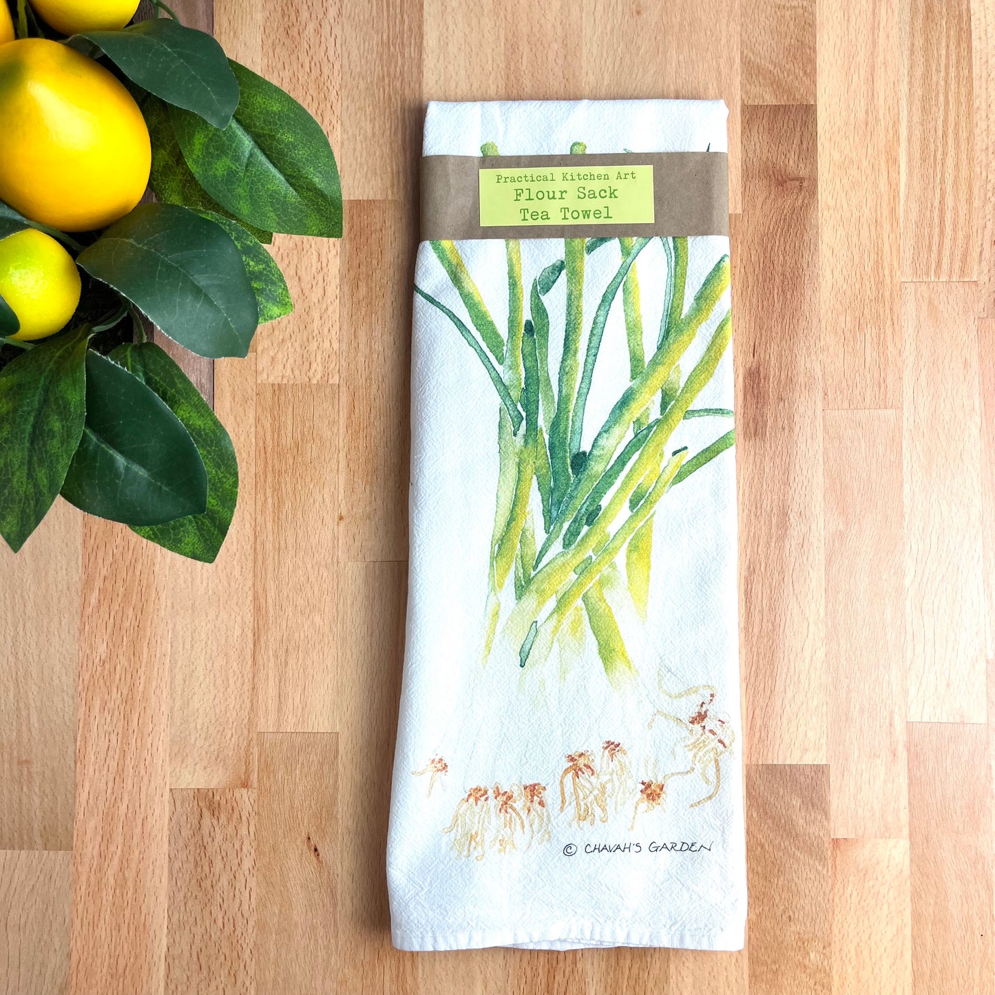 Flour Sack Tea Towels, Green Onions, Garden Theme