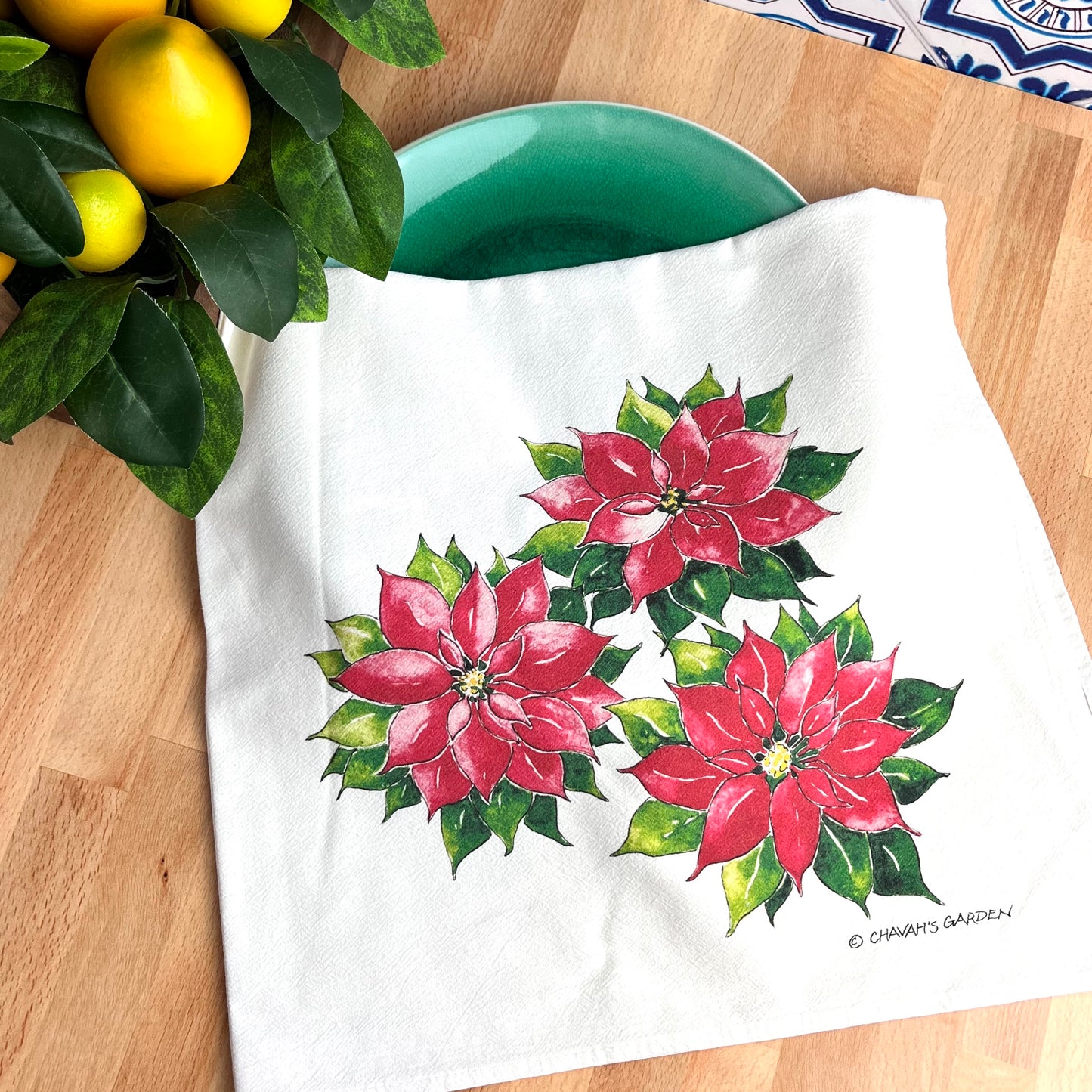 Flour Sack Tea Towels, Poinsettia, Holiday Theme