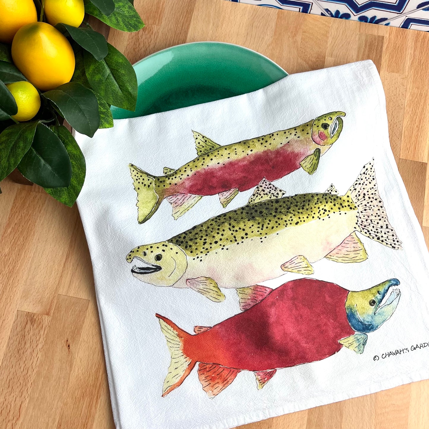 Flour Sack Tea Towels, Salmon, Coastal Theme