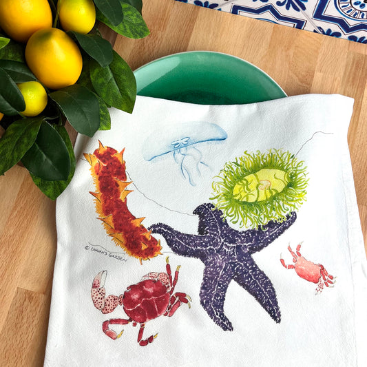 Sea Creatures Flour Sack Tea Towels, Coastal, Tide Pool