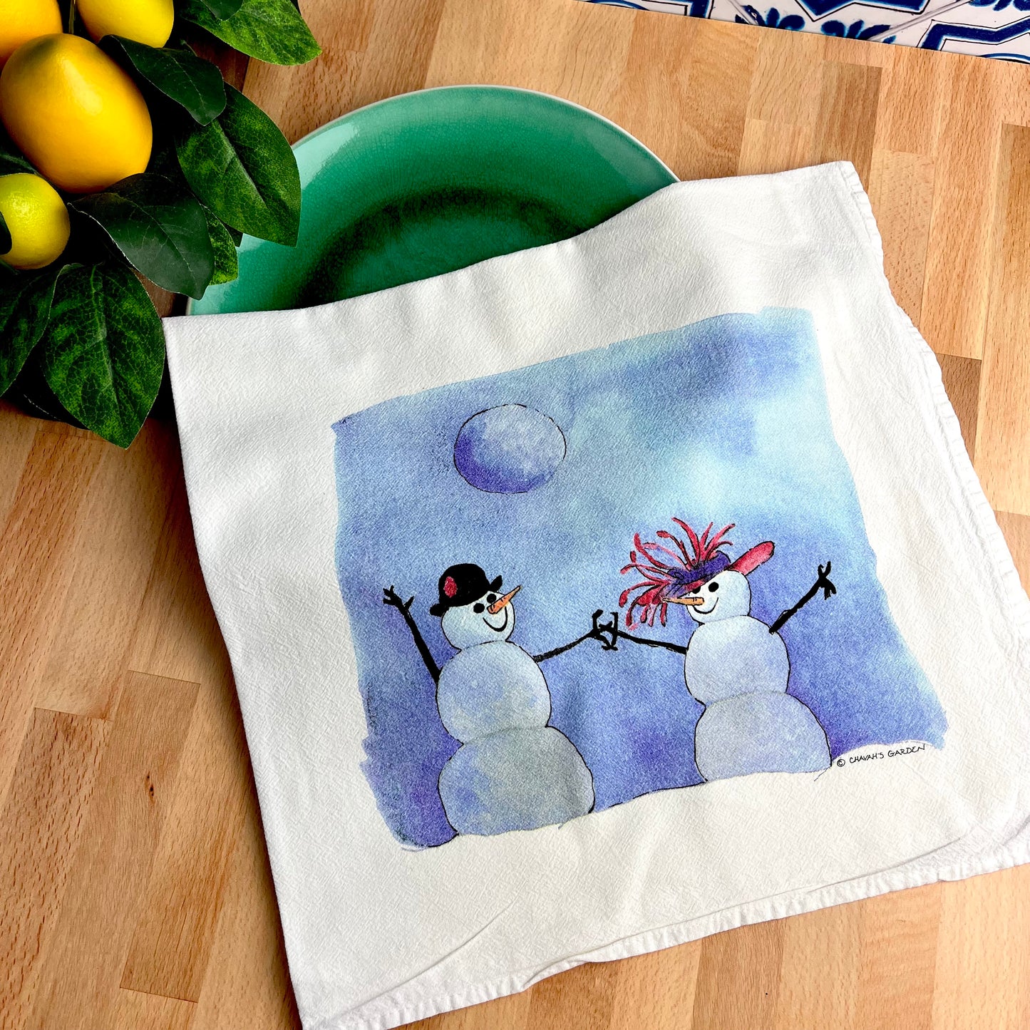 Flour Sack Tea Towels, Snow Couple, Holiday Theme