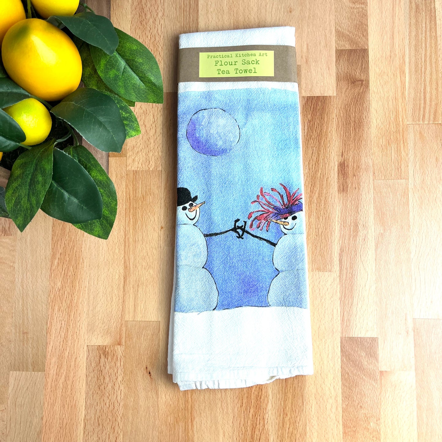 Flour Sack Tea Towels, Snow Couple, Holiday Theme