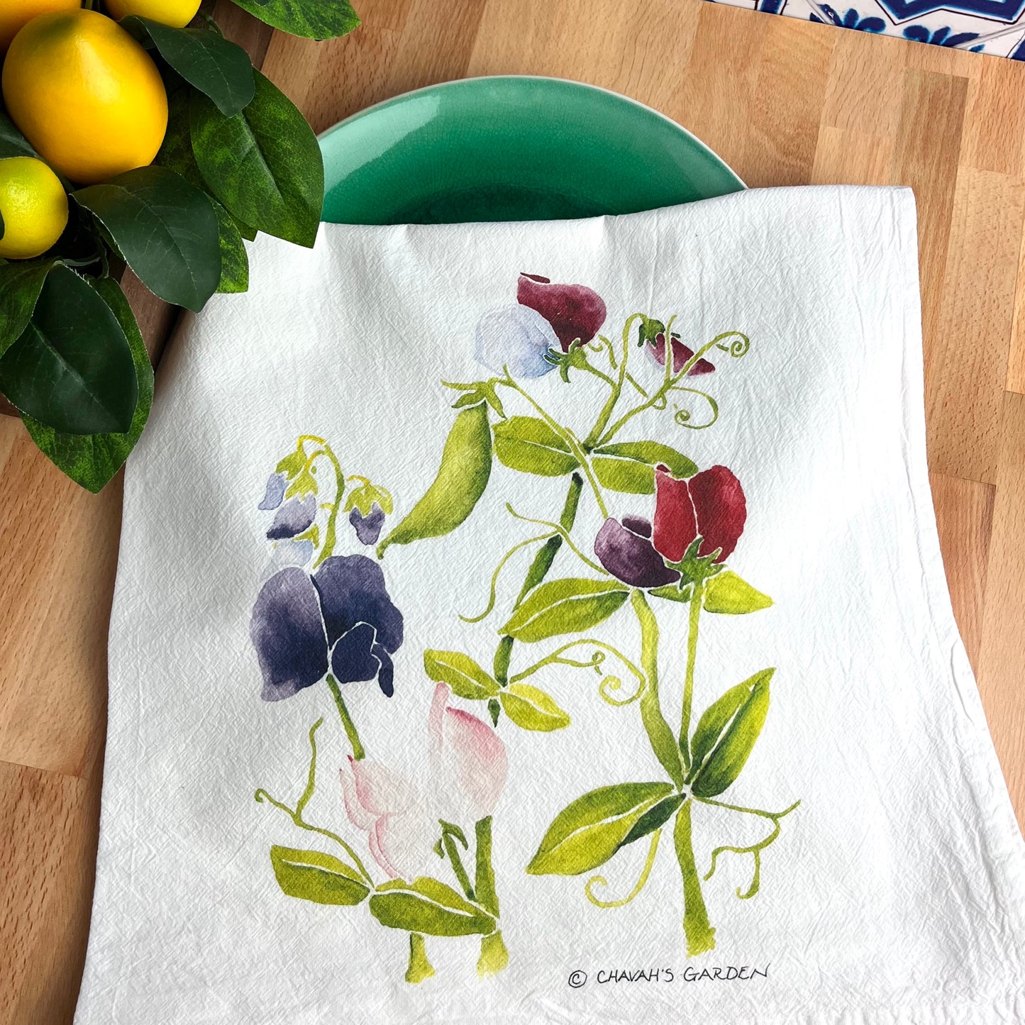 Flour Sack Tea Towels, Sweet Peas, Garden Theme