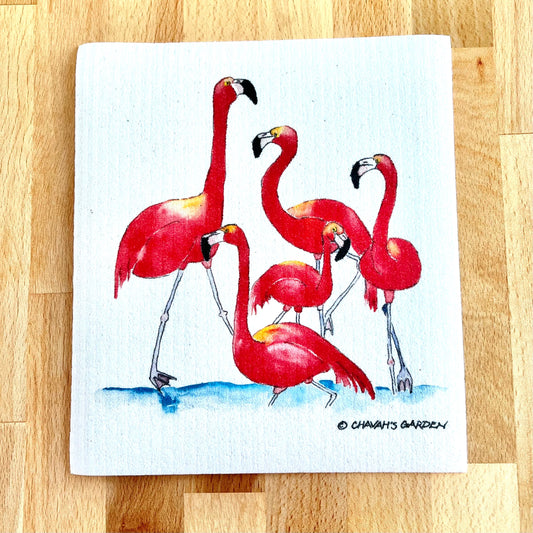 Swedish dishcloth, flamingos, coastal, tropical
