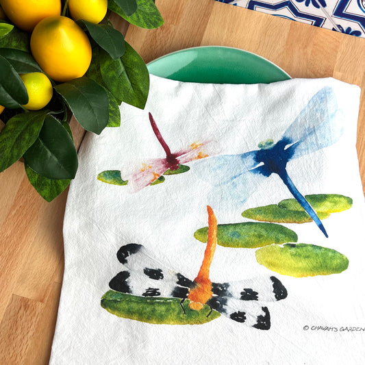 Flour Sack Tea Towels, Dragonflies, Garden Theme