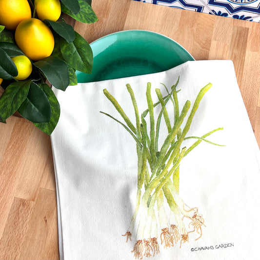 Flour Sack Tea Towels, Green Onions, Garden Theme