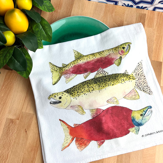 Flour Sack Tea Towels, Salmon, Coastal Theme