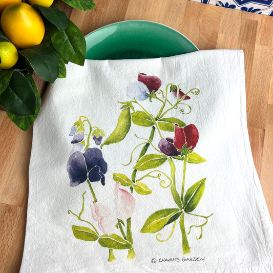 Flour Sack Tea Towels, Sweet Peas, Garden Theme